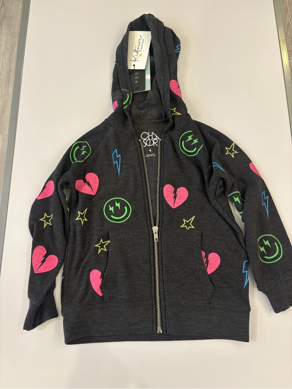 Chaser Black Hoodie with Neon Heart, Smile & Lightning Prints